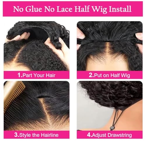 Jerry Curly Half Wig Human Hair 200 Density 3 In 1 Drawstring Seamless Flip Over Half Human Hair Wig for Women 22 Inch Wear Go Glueless Wigs Human Hair Headband Wig Beginner Friendly