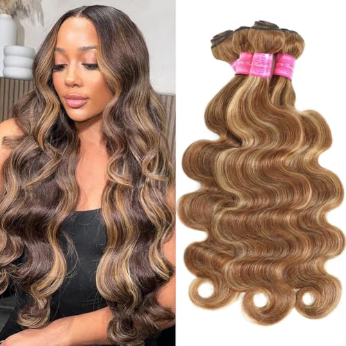 Seekomi Ombre 4/27 Body Wave Bundles Human Hair 14 16 18 20 Inch 12A 100% Virgin Highlight Colored Brown and Blonde 4 Bundles Double Weft Quick Weave for Women, 400g