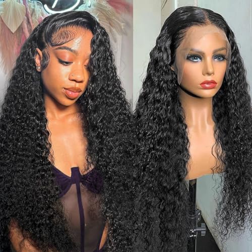 24 Inch 200 Density Deep Wave Lace Front Wigs Human Hair 13x6 HD Lace Front Wigs Human Hair Pre Plucked Brazilian Virgin Curly Human Wig Wet and Wavy Lace Frontal Wigs Natura Black Deep Wave Wig