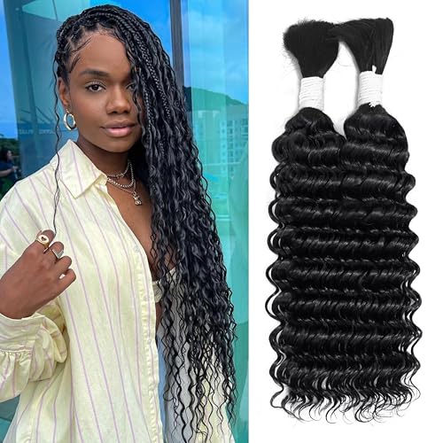 Human Braiding Hair for Boho Braids 100g 28 Inch Deep Wave Bulk Human Hair 100% Unprocessed 12A Brazilian Virgin Boho Hair for Braiding Knotless 2 Bundles/Pack Natural Color