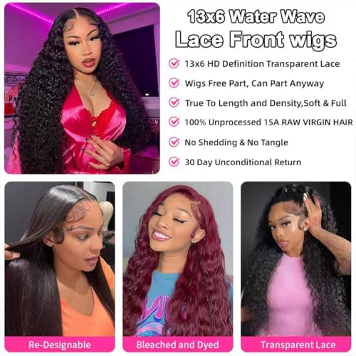 Water Wave Lace Front Wigs Human Hair 250 Density 15A Raw 13x6 hd Lace Frontal Deep Curly Human Hair Wig for Women (20 inch)