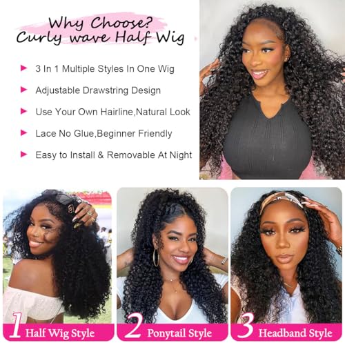 Jerry Curly Half Wig Human Hair 200 Density 3 In 1 Drawstring Seamless Flip Over Half Human Hair Wig for Women 22 Inch Wear Go Glueless Wigs Human Hair Headband Wig Beginner Friendly
